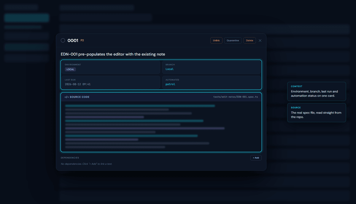 A single test case in Watchtower showing environment, branch, last run, and the source code read from the repository